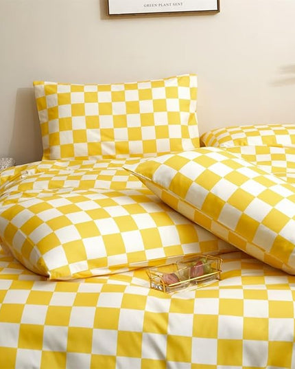 Houseri Yellow and White Comforter Set Queen Buffalo Plaid Light Yellow Bedding Grid Comforters Queen Size Women Girls Bright Yellow Checkerboard Comforter Elegant Yellow Gingham Bedding Blanket Queen