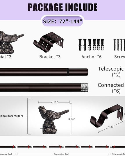 Curtain Rods 72 to 144 Inches Vintage Oil Bronze Curtain Rods for Windows Adjustable Heavy Duty Drapery Rod with Bird Finials for Living Room Bedroom