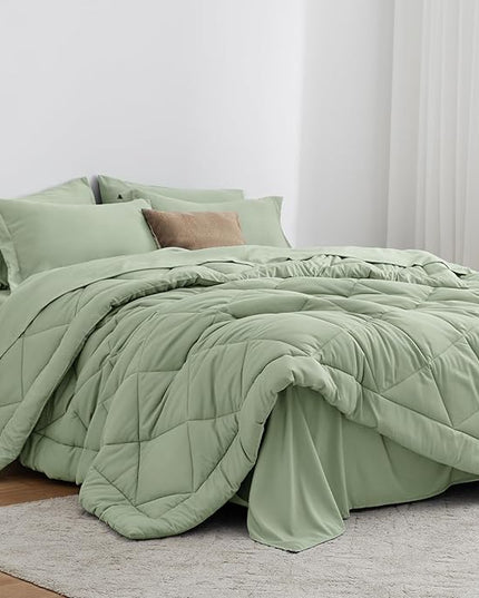 Love's cabin Queen Comforter Set Sage, 7 Pieces Queen Bed in a Bag, All Season Bedding Sets with 1 Comforter, 1 Flat Sheet, 1 Fitted Sheet, 2 Pillowcase and 2 Pillow Sham