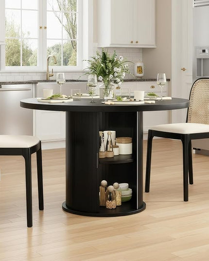 Farini 43" Round Dining Table for 4-6 with Storage Space,Modern Kitchen Room Table with Wood Top & Sturdy Metal Base,Black