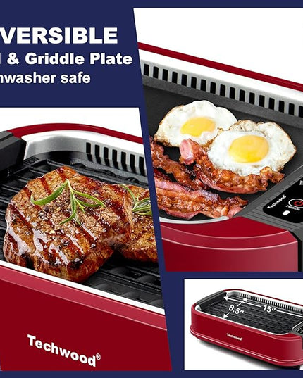 Indoor Smokeless Grill, Techwood 1500W Electric Indoor Grill with Tempered Glass Lid, Portable Non-stick Korean BBQ, Turbo Smoke Extractor Technology, Drip Tray& Double Removable Plate, Red
