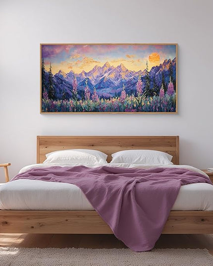 HOURIA Purple Sunset Mountain Landscape Framed Canvas Wall Art Set,Nature Pine Tree Wildflowers Wall Decor,Golden Sunlight Wall Painting,Modern Field Art Prints for Living Room, Bedroom-20 x40 x1