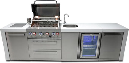 Mont Alpi MAi400-DBEV 32-inch 4 Burner 78000 BTU Deluxe Stainless Steel Modular Outdoor Kitchen Island Barbecue Grill with Beverage Center + Granite Countertops & Sides + Rotisserie and Grill Cover