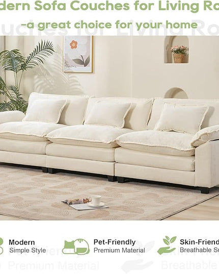 120" Modular Sectional Sofa, Comfy Cloud Couch Sectional Sofa, Chenille Sofa Sleeper Deep Seat Sofa with Throw Pillows for Living Room (Beige White, 120"- 3 Seater)