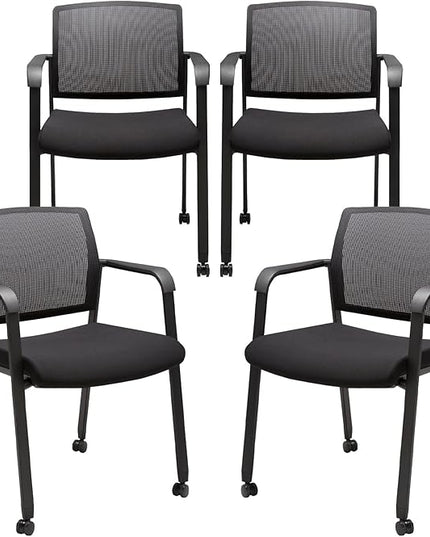 CLATINA Mesh Back Guest Reception Arm Chairs with Wheels, Waiting Room Chairs with Upholstered Fabric Seat and Ergonomic Lumbar Support for Office