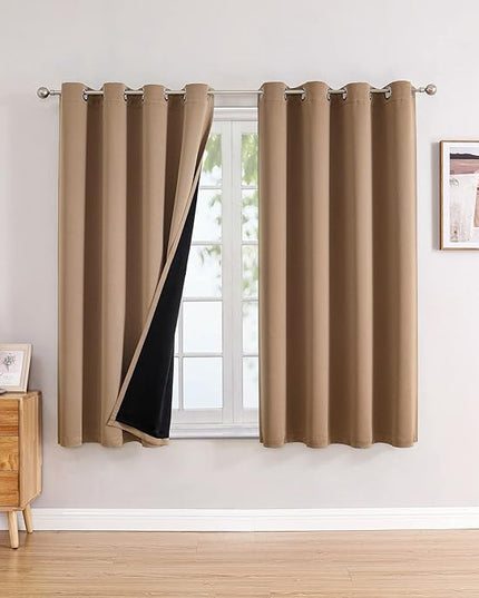 ChrisDowa 100% Blackout Curtains for Bedroom with Black Liner, 2 Thick Layers Total Blackout Thermal Insulated Grommet Window Curtains 2 Panels Set (Cappuccino, 52 x 63 Inch)