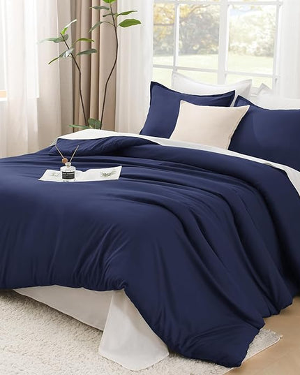 Litanika Comforters Navy Blue Super King Plus Size, 3 Pieces Lightweight Solid Bedding Set & Collections, All Season Fluffy Bed Set (128x120In Comforter & 2 Pillowcases)