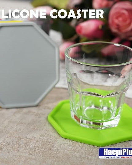 6 Pieces Silicone Coasters, Octagon Shape Hot Cup Mat for Drinks, Heat Resistant Glass Cushion, Coffee Coaster for Table, Desk, Kitchen, Office, Bar Protection (Green)