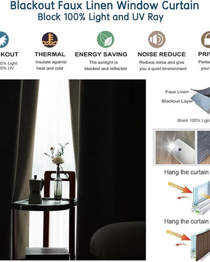 LETAU Brown Curtains 108 inches Long, Pinch Pleated 100% Blackout Privacy Linen Texture Curtains, 26" W x 108" L, 2 Panels