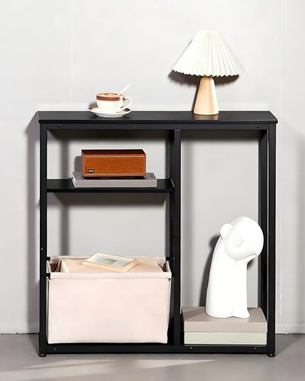 HOOBRO 30" Console Table with Linen Storage Basket, Small Entryway Table with 3-Tier Storage Shelves, Sofa Table, Behind Couch Sofa Table, Narrow Hallway Table, Black and Beige BF60XG01