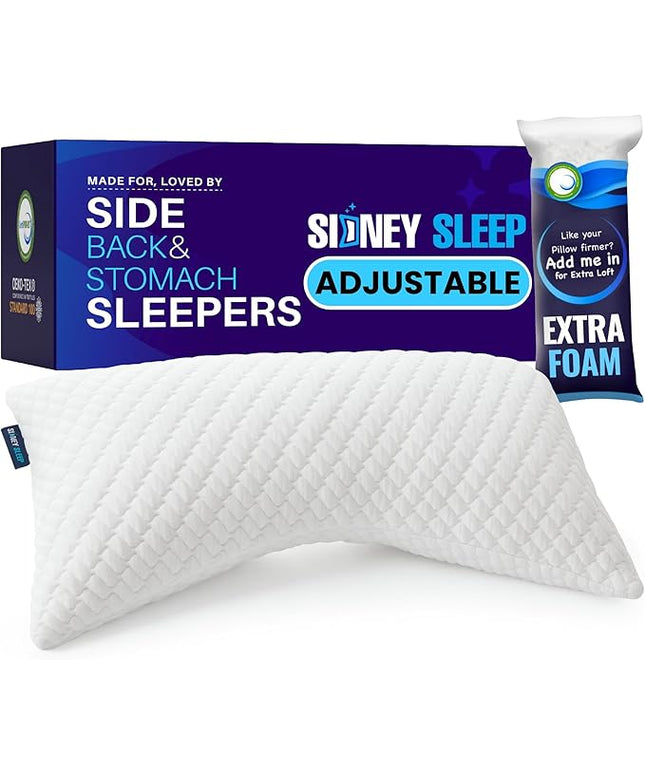 Sidney Sleep Bed Pillow for Side and Back Sleepers - Adjustable Filling - Memory Foam Pillow for Neck and Shoulder Pain - Customizable Loft - King Size - Additional Foam Bag Included (White)