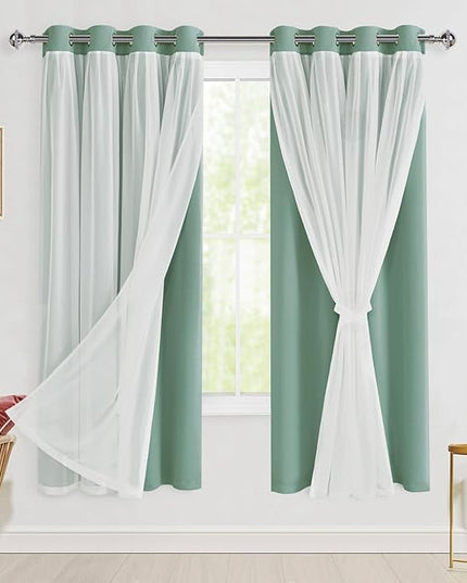 Hiasan Light Sage Green Blackout Curtains with Sheer Overlay, Thermal Insulated Privacy Mix & Match Double Layer Window Curtains for Girls Bedroom, Living Room, 2 Drape Panels with Tiebacks, 52W X 63L