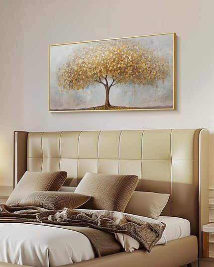 Large Framed Tree of Life Gold Wall Art, Large Canvas Prints Paintings Artwork for Walls, Modern Luxury Golden Big Tree Pictures for Living Room Fireplace Bedroom Kitchen Dining Room Office Wall Decor