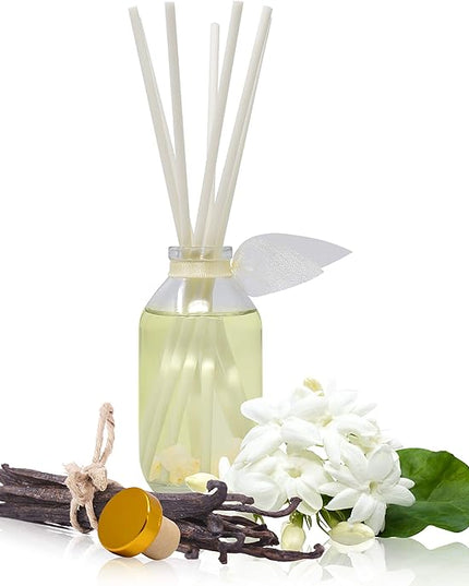LOVSPA Reed Diffuser Set, Jasmine Vanilla Scented Oil Diffuser with Sticks, Home Fragrance Accessories for Bathroom Shelf Decor, Aroma Diffusers for Home or Office Desk, USA Made