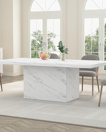 HSH 71” White Faux Marble Dining Table, Rectangle Modern Dinner Kitchen Table for 6-8, Farmhouse Long Kitchen Furniture for Living Room, Industrial Wood Dining Room Table with Sturdy Base