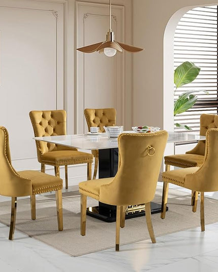 SoarFlash Velvet Dining Chairs Set of 8, Tall Back Side Chair, Modern Upholstered Side Chair with Button Back Ring, Gold Plated Stainless Steel Legs (Gold)