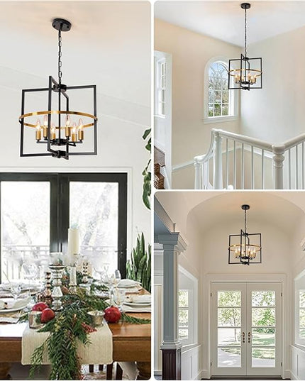 6-Light Black and Gold Chandelier, Geometric Dining Room Light Fixture, Modern Chandelier, Hanging Industrial Metal Farmhouse Chandeliers for Living Room Entryway Foyer Kitchen