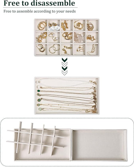 Stackable Jewelry Organizer Trays with Removable Dividers, 2-Tray Beige Jewelry Drawer Organizer Set for Earrings, Necklaces, Rings & Bracelets Gift for Her