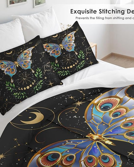 Comforter Set King Size, Gothic Butterfly Moon Soft 3 Pcs Bedding for Kids and Adults Botanical Plant Leaf Comforter Set with 2 Pillowcases for Bedroom Bed Decor