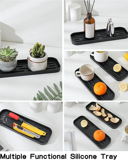 Silicone Kitchen Sink Organizer Tray for Multiple Usage,Eco-Friendly Sponges Holder for Kitchen Bathroom Counter or Sink,Dish Soap Dispenser,Scrubber,Bottle,Cup (Black, 12"×4")