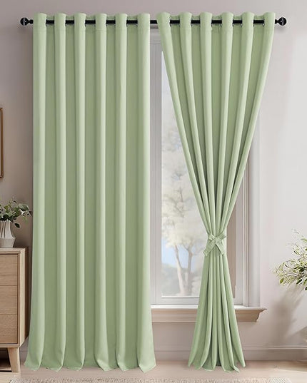 JIUZHEN Light Green Blackout Curtains with Tiebacks Thermal Insulated, Light Blocking and Noise Reducing Grommet Curtains for and Living Room, Set of 2 Window Curtain Panels, 70 x 96 Inch Length