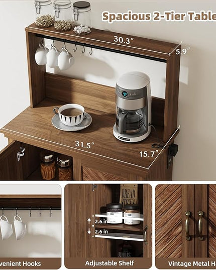 Farmhouse Coffee Bar Cabinet with Storage,31.5" Kitchen Cabinet with Hooks and Charging Station,Coffee Station with Adjustable Shelf and Hutch,Sideboard for Living Dining Room