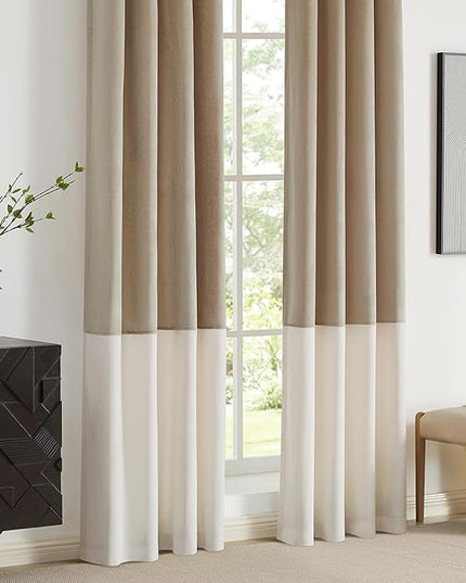 BULBUL Champagne Cream Ivory Color Block Window Curtains Panels 72 inches Long Velvet Farmhouse Drapes for Bedroom Living Room Darkening Treatment with Grommet Set of 2