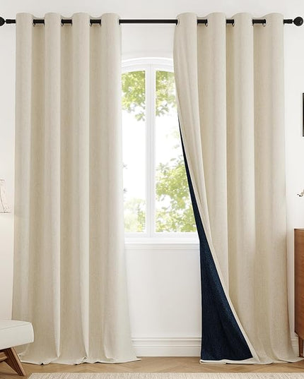 Blackout Curtains for Bedroom 90 inch Length 2 Panels Set, Farmhouse Linen-Look Textured Full Light Blocking Room Darkening Thermal Insulated Drapes for Living Room (W52xL90, Cream)