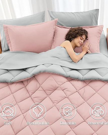 MUXHOMO 5 Pieces Twin Comforter Set, Reversible Bed in a Bag Twin Size, All Season Bedding Set with Comforter, Flat Sheet, Fitted Sheet, Pillowcases & Shams, Pink & Light Grey