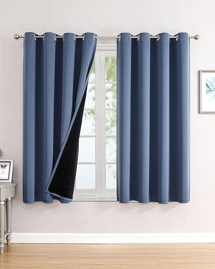 ChrisDowa 100% Blackout Curtains for Bedroom with Black Liner, 2 Thick Layers Total Blackout Thermal Insulated Grommet Window Curtains 2 Panels Set (Stone Blue, 52W x 45L)