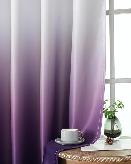 Estelar Textiler Purple and Greyish White Blackout Curtains for Bedroom 63 Inch Length 2 Panels Set, Full Room Darkening Thermal Insulated Grommet Top Ombre Window Drapes for Living Room,W52xL63