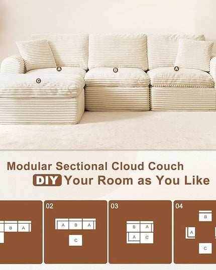 108” Modular Sectional Sofa Couches L Shaped Couch 3 Seater Cloud Sofa Memory Foam Sectional Couches for Living Room, Boneless Couch with Ottoman, Corduroy, Beige