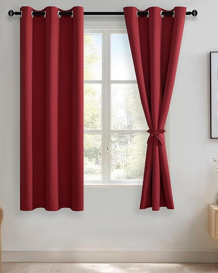 JIUZHEN Red Blackout Curtains with Tiebacks - Thermal Insulated, Light Blocking and Noise Reducing Grommet Curtain Drapes for Bedroom and Living Room, Set of 2 Panels, 42 x 63 Inch Length