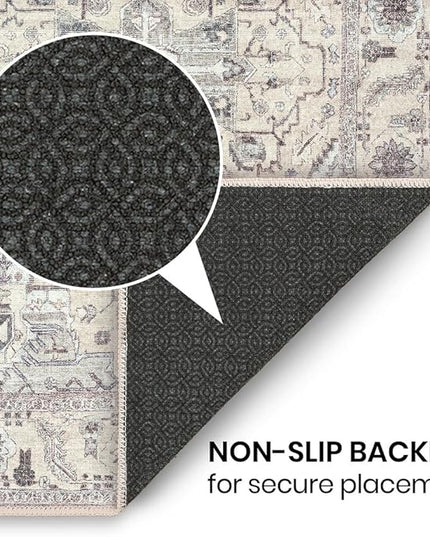 GLN Rugs Bohemian Collection - Machine Washable Area Rug, Bohemian Vintage, Non Slip, Low Pile Chenille Rug, Living Room, Bedroom, Bathroom Rug (2'6"x7' Beige and Gray)