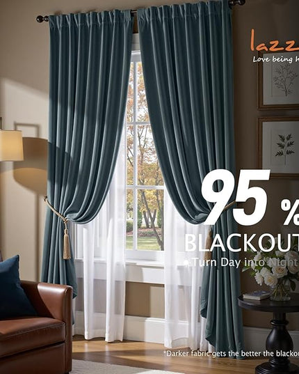 Lazzzy Blackout Velvet Blue Curtains 96 Inches Long Thermal Insulated Room Darkening Lined Curtain Drapes Luxury Back Tab Window Treatments for Bedroom Living Room 2 Panels, 52 x 96 Inch, Aegean Blue