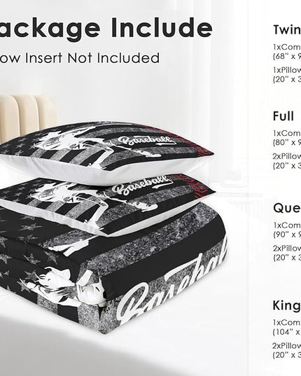 Comforter Set King Size, Baseball American Flag Soft 3 Pcs Bedding for Kids and Adults America Athlete Sport Comforter Set with 2 Pillowcases for Bedroom Bed Decor