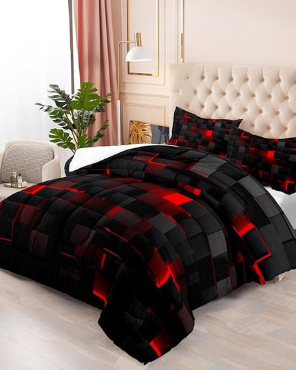 Geometric Red Black Comforter Set,Light Honeycomb 3 Piece Bedding Set Twin for Teen Boys,Modern Bedding Quilt Set Geometry Decor,Microfiber Lightweight 1 Comforter 2 Pillowcases All Season