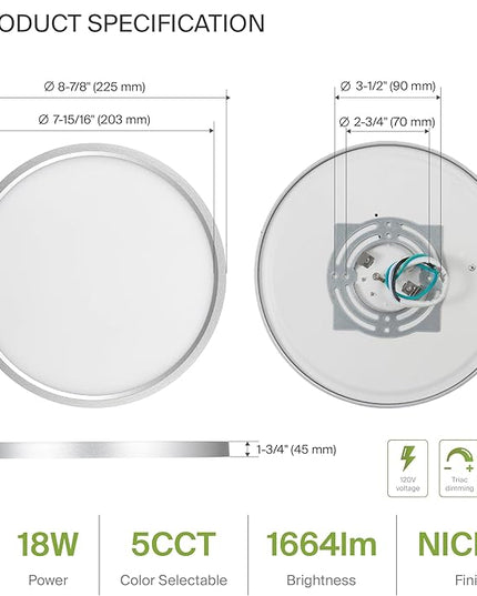 ASD LED 9" Round Flush Mount Ceiling Light Fixture, Low Profile Surface Lighting | 5CCT, Dimmable, Ultra-Thin, ETL Listed | 18W 1660LM 2700-6000K 120V | Kitchen, Hallway Lamp | Nickel, 12 Pack
