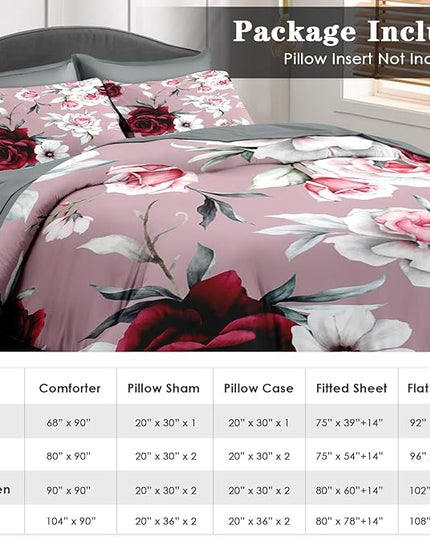 Comforter Set Queen Size, Rose Flower Leaves 7 Pcs Bedding for Kids and Adults, Painting Vintage Bed Sheet Sets with Fitted Sheet 2 Pillowcases & 2 Shams for Bedroom Bed Decor