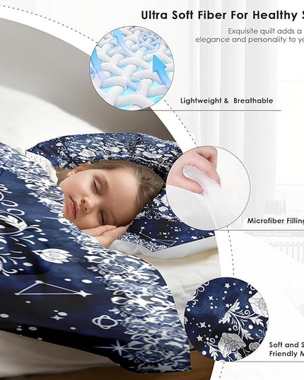 Comforter Set Queen Size, Astrology Sun Moon Soft 3 Pcs Bedding for Kids and Adults Blue Starry Flower Comforter Set with 2 Pillowcases for Bedroom Bed Decor