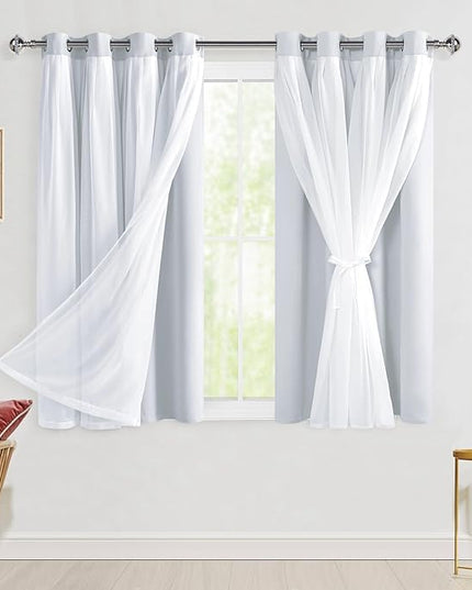 Hiasan Greyish White Blackout Curtains with Sheer Overlay, Grommet Thermal Insulated Mix & Match Double Layer Window Curtains for Girls Bedroom, Living Room, 2 Panels Sewn with Tiebacks, 52W X 54L