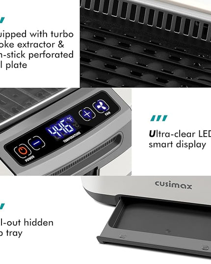 Smokeless Indoor Grill, CUSIMAX Electric Grill, 1500W Korean BBQ Grill with LED Smart Display & Tempered Glass Lid, Non-stick Removable Grill Plate, Turbo Smoke Extractor, White New Model