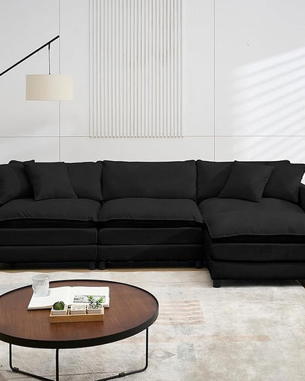 Modular Sectional Sofa,108.27'' Modern Corduroy Sofa Set for Living Room with 3 Seat & 1 Ottoman & 3 Pillows, Comfy Cloud Couches with Movable Ottoman, DIY Combination, Chenille (Black, L Shaped)