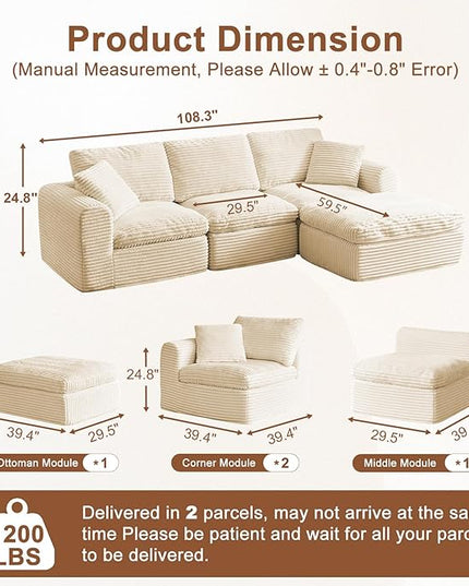 108” Modular Sectional Sofa Couches L Shaped Couch 3 Seater Cloud Sofa Memory Foam Sectional Couches for Living Room, Boneless Couch with Ottoman, Corduroy, Beige