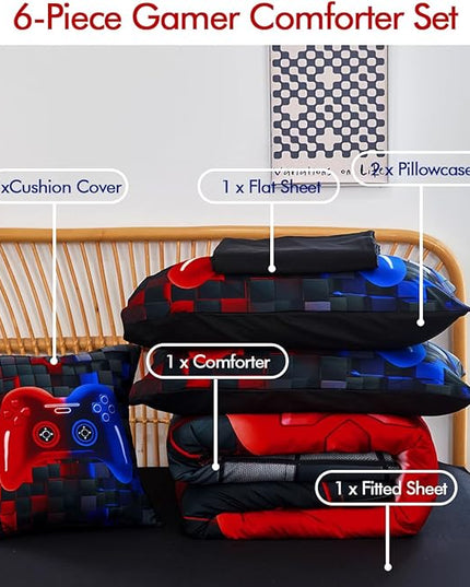 PERFEMET 6 Pieces Kids Comforter Sets Twin Size Red and Blue Game Console Bedding Set for Boys Girls Soft Fluffy 3D Cool Teen Gamer Bed in A Bag for All Seasons(Red Blue, Twin)