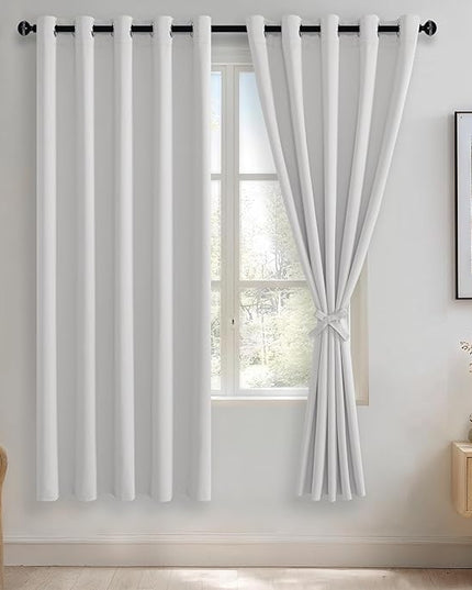JIUZHEN Greyish White Blackout Curtains with Tiebacks Thermal Insulated, Light Blocking and Noise Reducing Grommet Curtains for and Living Room, Set of 2 Window Curtain Panels, 60 x 72 Inch Length