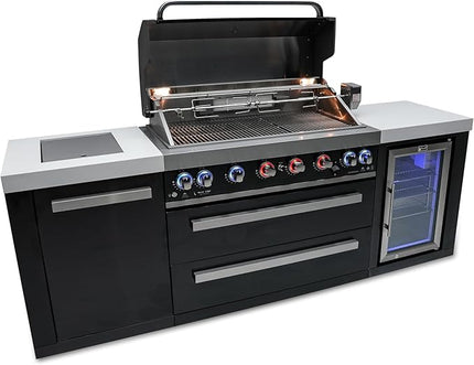 Mont Alpi MAi805-BSSFC 44-inch 6 Burner Black Stainless Steel Modular Outdoor Kitchen Island BBQ Grill with Fridge Cabinet + Side Burner + Granite Countertops + Rotisserie Chopping Board & Grill Cover