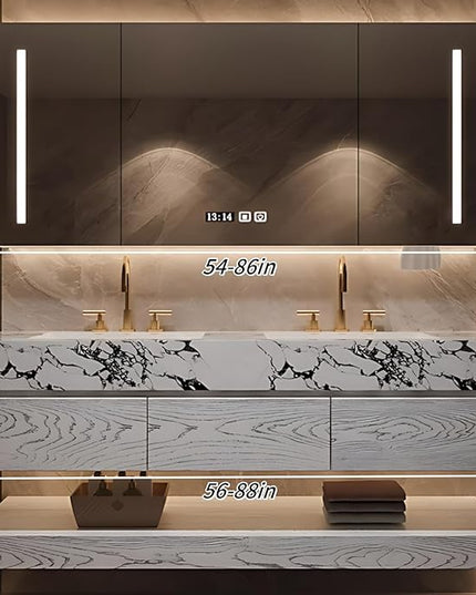 62IN Solid Wood Bathroom Cabinet, Bathroom Vanity with Double Sinks | One Click Defogging & 2 LED Light Strips, Tissue Hole, Bathroom Storage Cabinets with 3 Drawers (White)