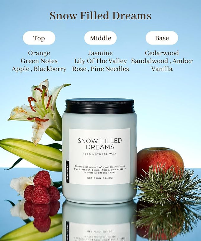 M&SENSE Snow Filled Dreams Winter Large Scented Candles, 19.4oz 110 Hour Clean Non Toxic Long Lasting Candle Organic Natural Soy Wax Candle Gifts for Women Men