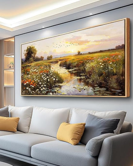 PHAOHUAXM Canvas Wall Art For Living Room Wall Decor For Bedroom Watercolour Painting Office Decoration Countryside Sunrise Scenery Wall Picture Printing Artwork Home Decor Wood Framed 24x48 In